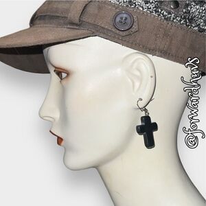 Ash Black Colored Cross Dangle Earrings Silver Tone Hooks